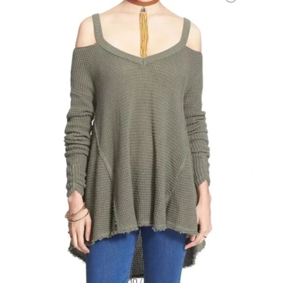 Free People Green Moonshine Cold Shoulder Thermal Waffle Knit Sweater Small - Picture 10 of 10